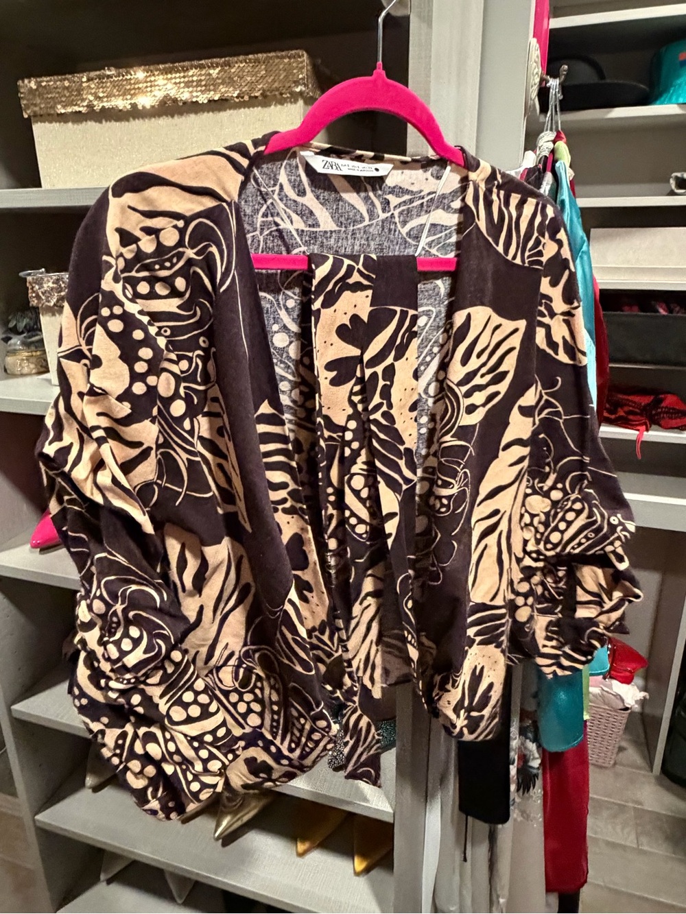 Zara Black and Beige Botanical-Print Open Cardigan